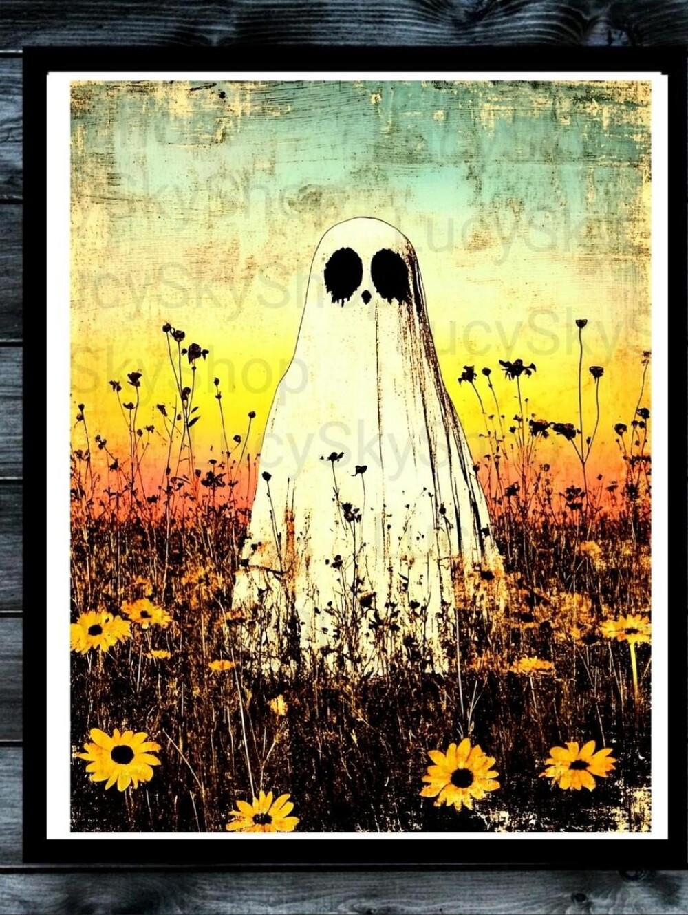 Sunset Ghost and Wild Daisies Everyday is Halloween Floral Spooky Art Print